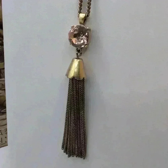 J Crew Gold Tone Chain Gemstone Tassel Pendant Necklace - Picture 2 of 6